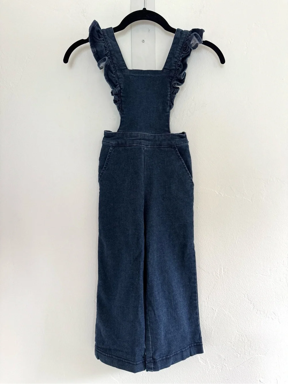 Hanna Andersson Ruffle Jumpsuit In Stretch Denim Blue Cotton
